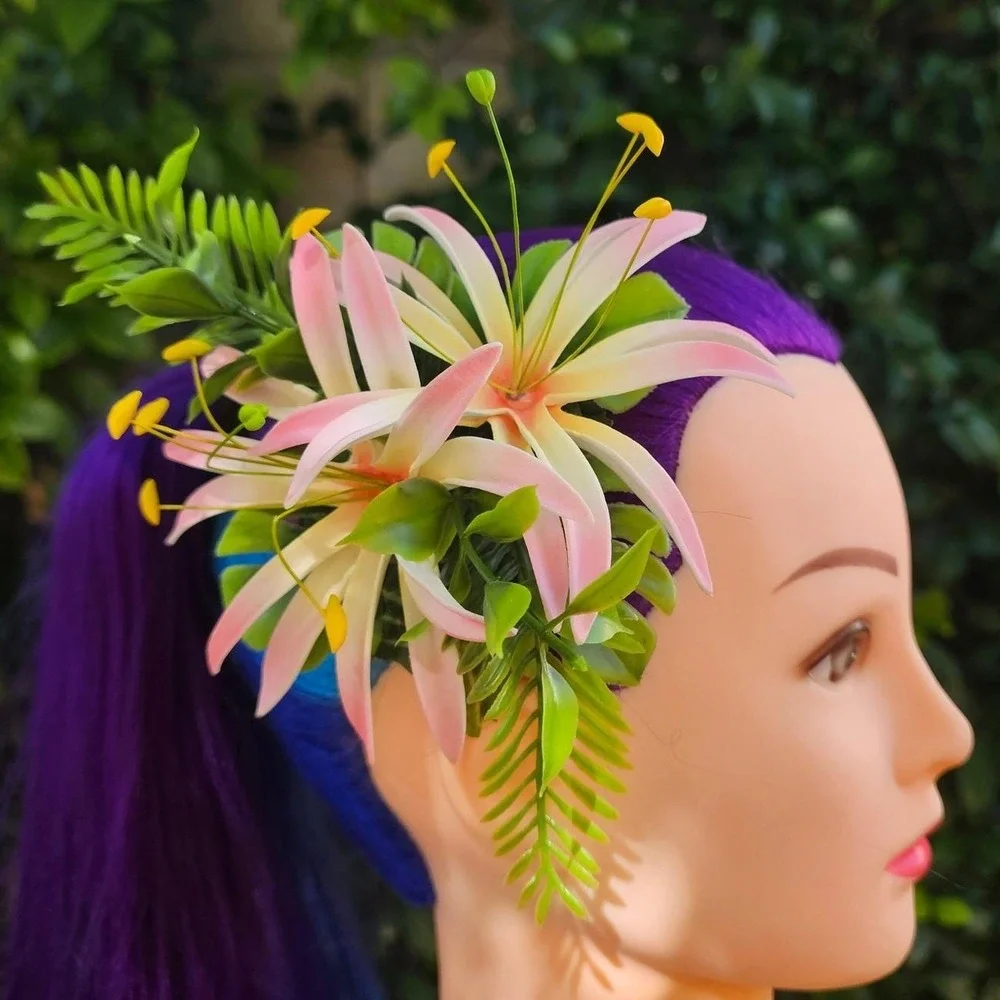 Handmade‎ Pink White Lily Hair Flower Clip Tiki Rockabilly Pinup Hawaiian